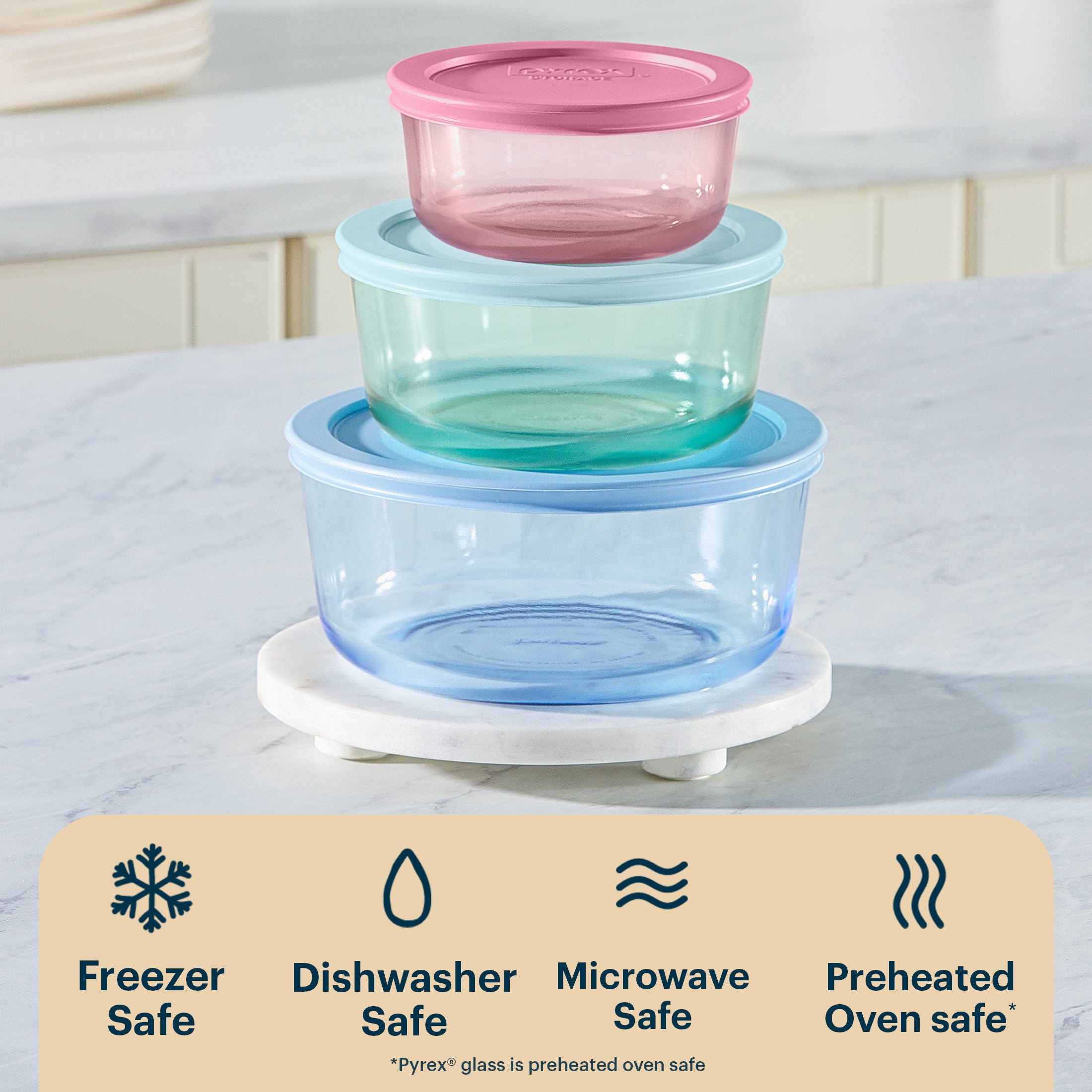 Pyrex® Simply Store® Tinted Glass Round Storage Containers, 6-pc Set, Mixed Colors - Image 4