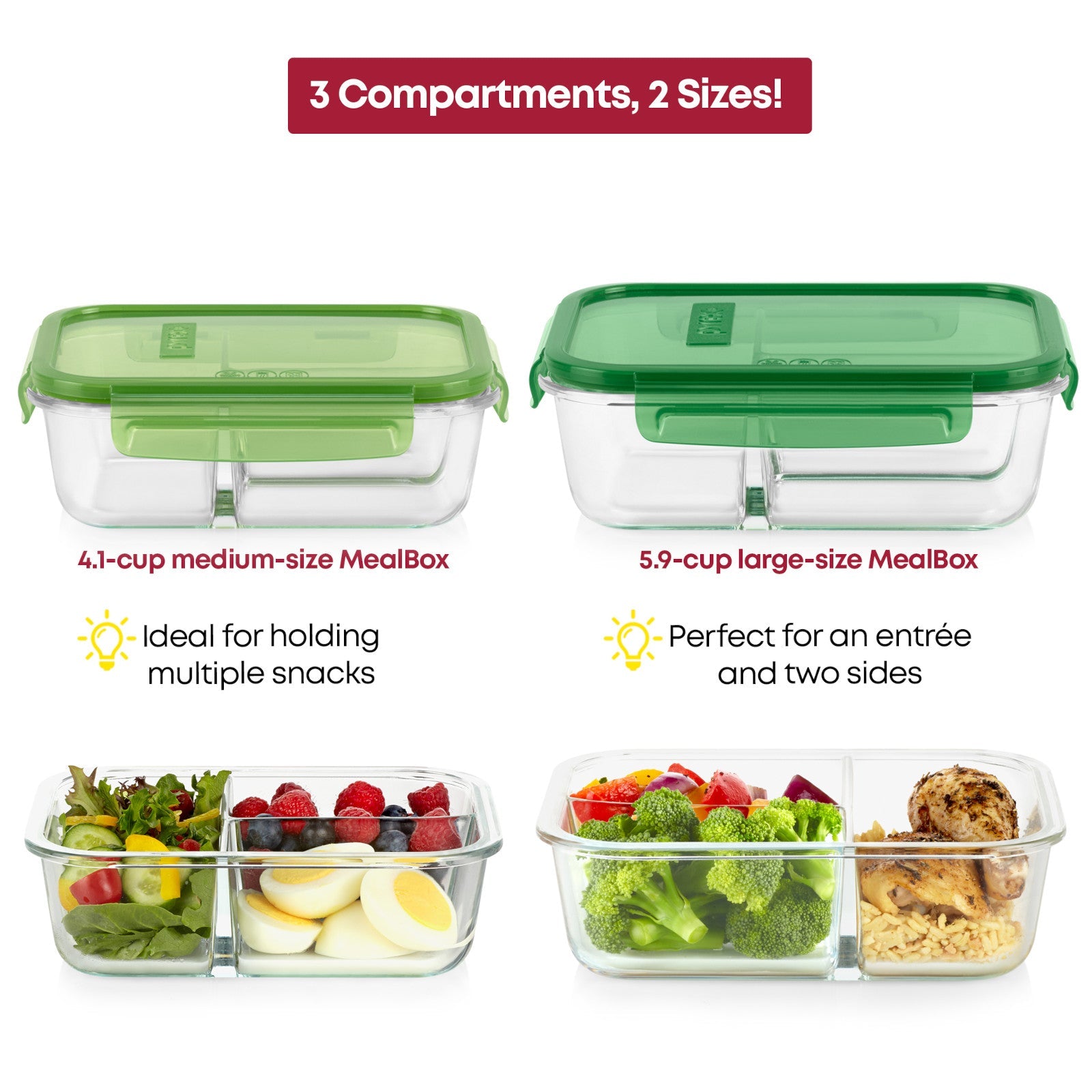 Pyrex® MealBox™ 4-cup Divided Glass Food Storage Container with Green Lid - Image 4